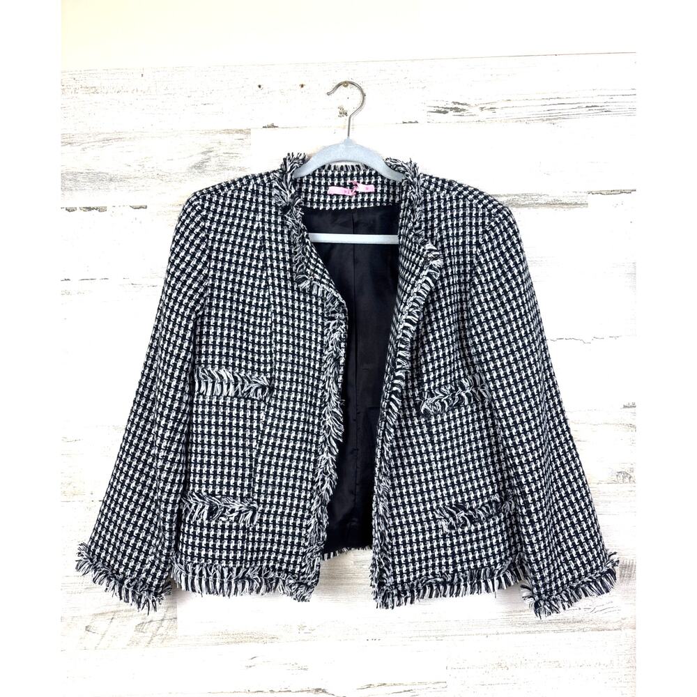Vickie Vi Women 12 Black White Houndstooth Tweed Fringe Work Blazer Jacket